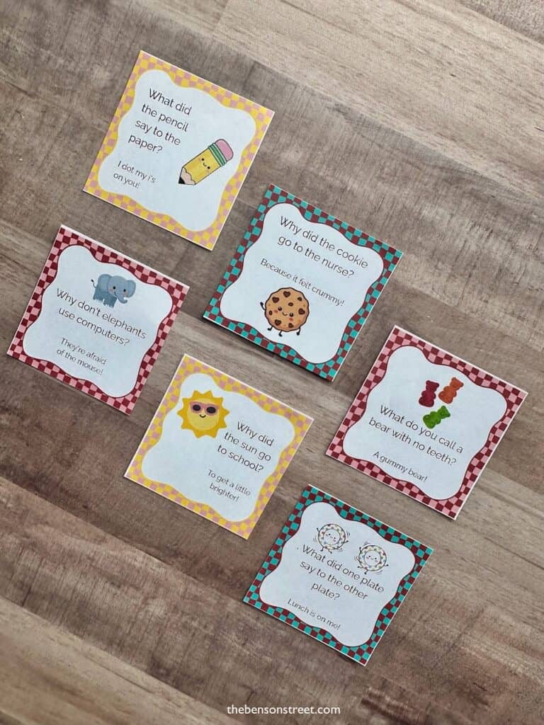 Six different printable lunch box jokes cut out