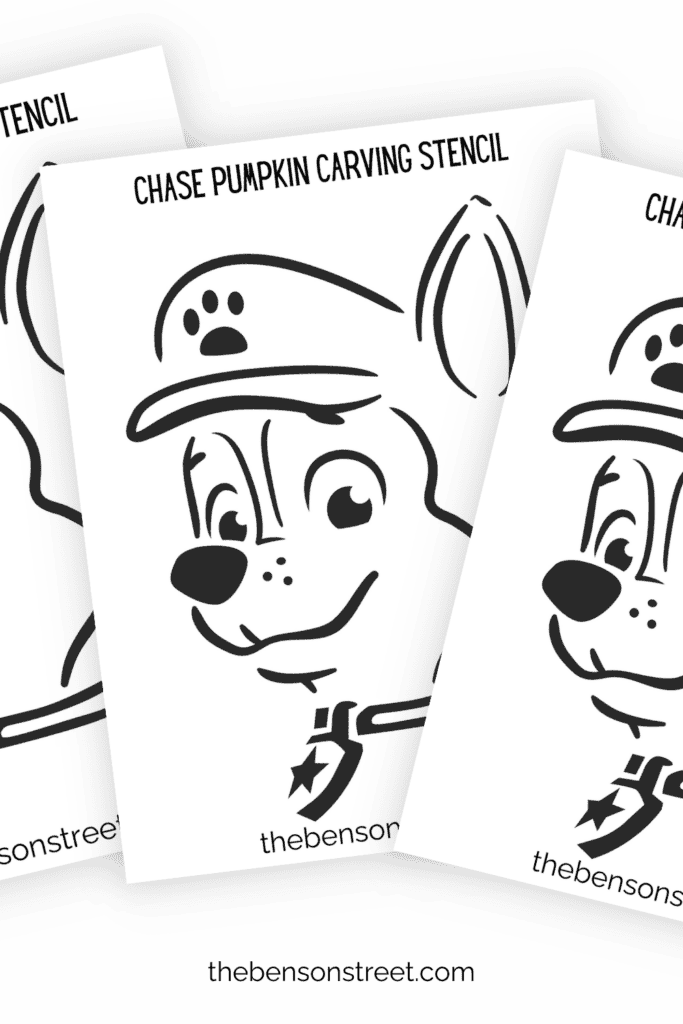 Three Chase Themed Paper pumpkin stencils for carving in a fanned out stack