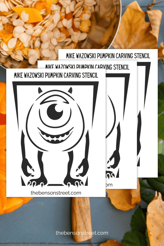 Three pages of Mike Monster stencils on a pumpkin carving background