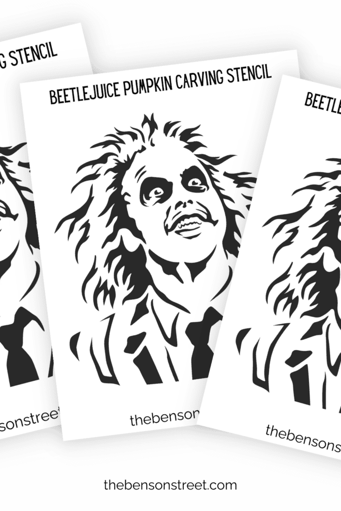 Three pages of a Beetlejuice pumpkin carving stencil for halloween in a fanned out stack