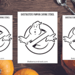 Three pages of a Ghostbuster ghost themed pumpkin stencil with carving tools around