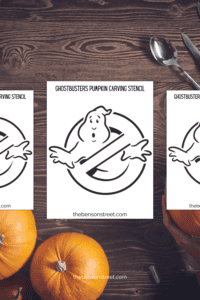 Three pages of a Ghostbuster ghost themed pumpkin stencil with carving tools around