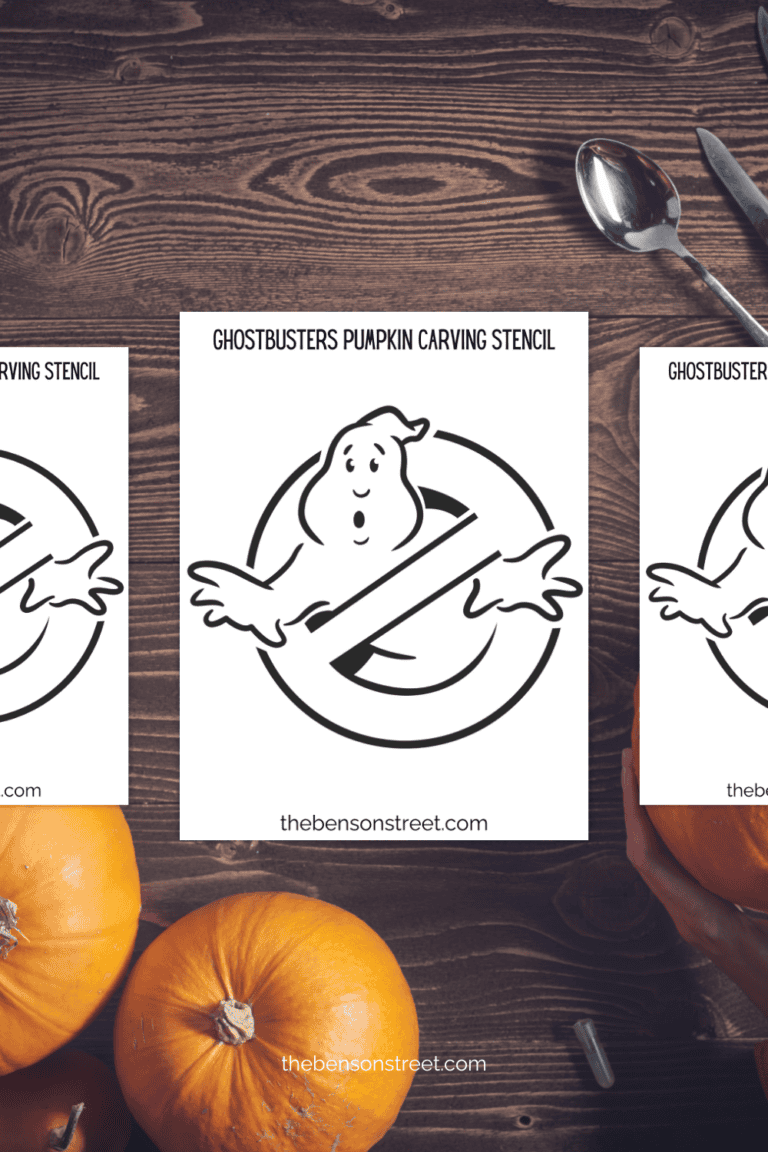 Three pages of a Ghostbuster ghost themed pumpkin stencil with carving tools around