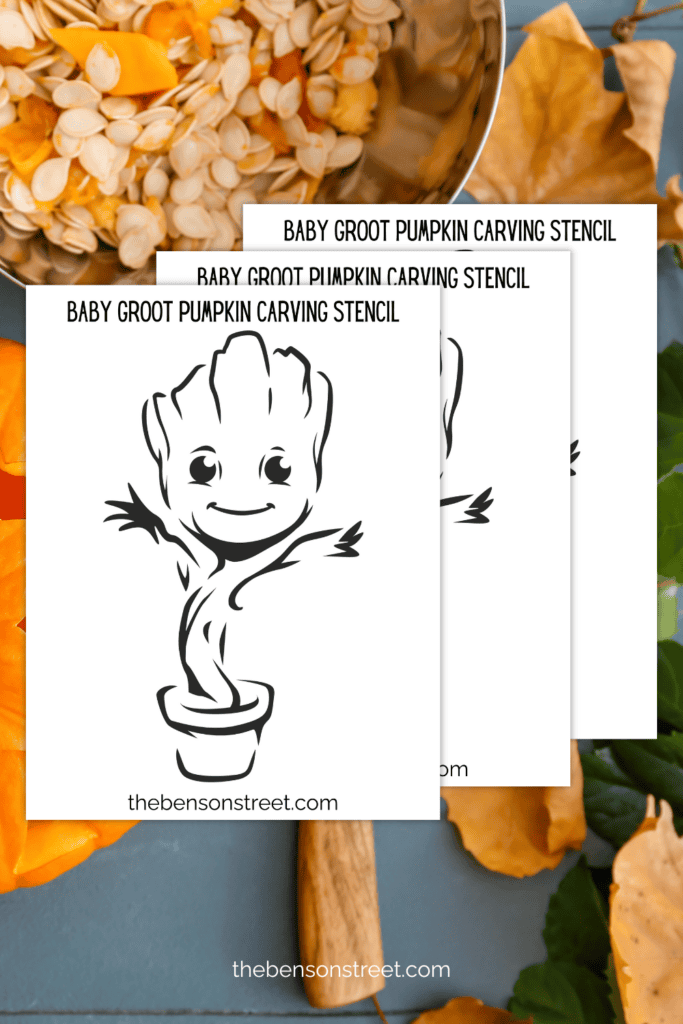 Three pages of a baby groot template for pumpkin carving