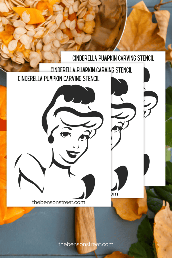 Three pages of a disney princess Cinderella pumpkin carving stencil with carving supplies underneath