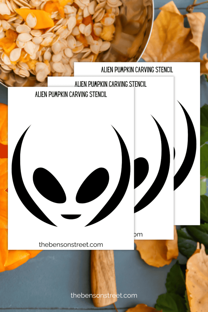 Three pages of a printable pumpkin stencil featuring an alien