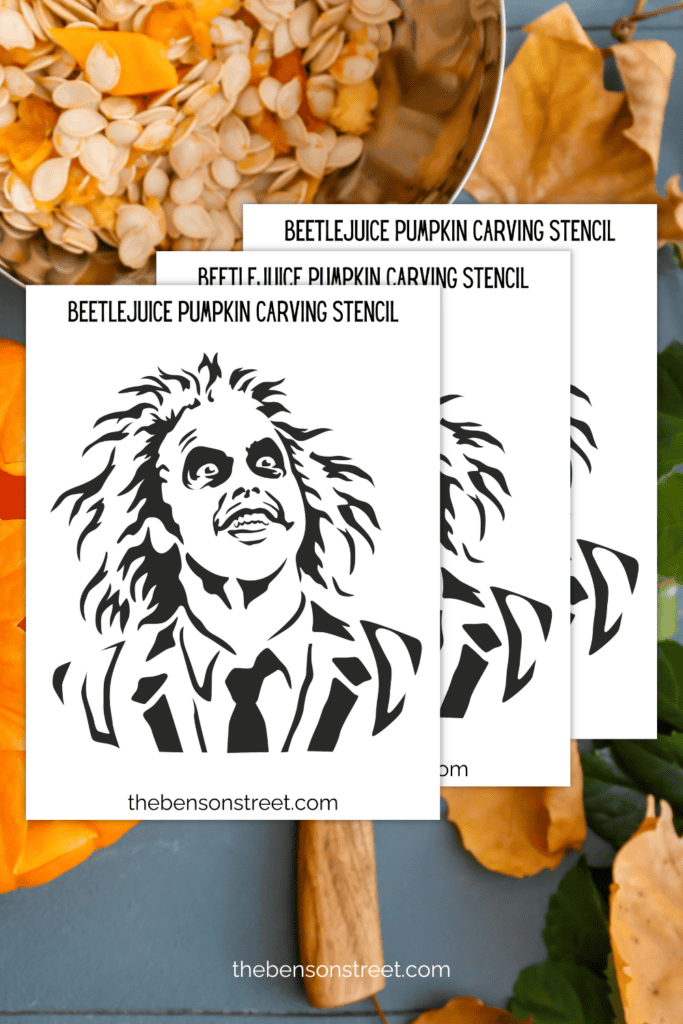 Three pages of a printable pumpkin stencil with beetlejuice on them
