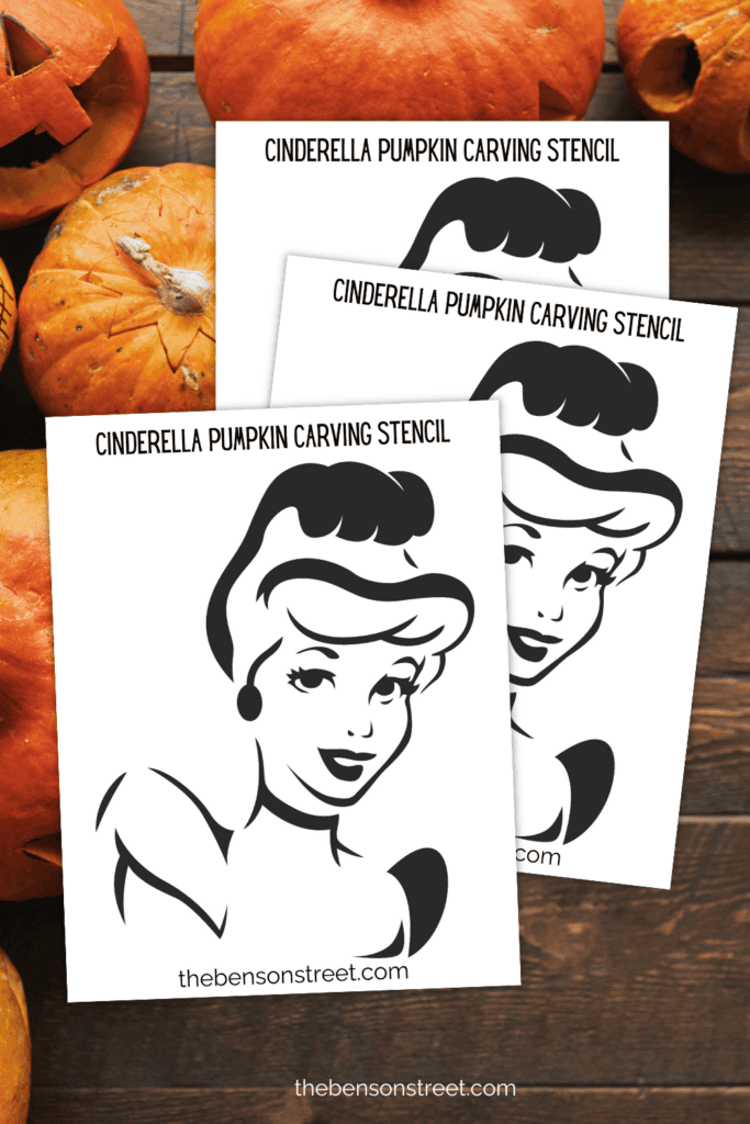 Three pages of a pumpkin template featuring a Cinderella face