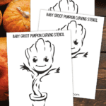 Free Printable Baby Groot Pumpkin Carving Stencil Three sheets in a staggered stack featuring the adorable baby groot