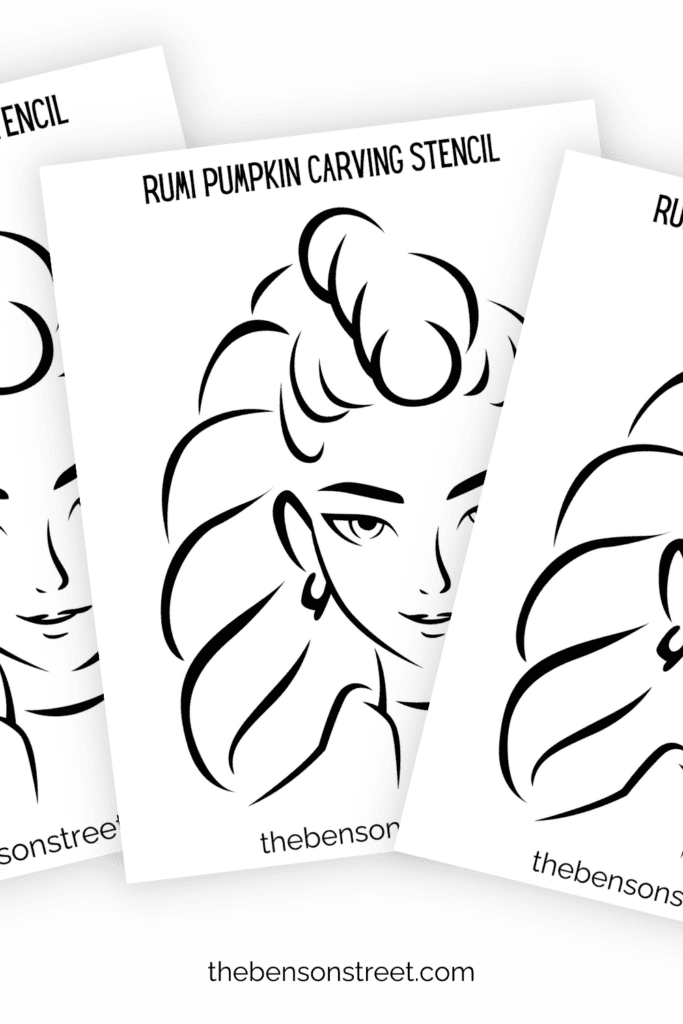 Three sheets of a Rumi stencil for carving pumpkins in a fanned out stack