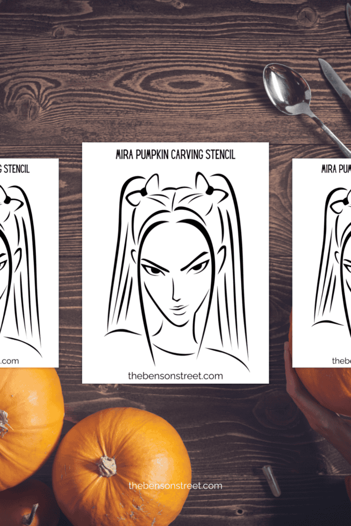 Three sheets of a black and white stencil featuring Mira from Huntrix
