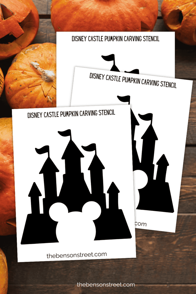 Three sheets of a disney castle pumpkin stencil free to print