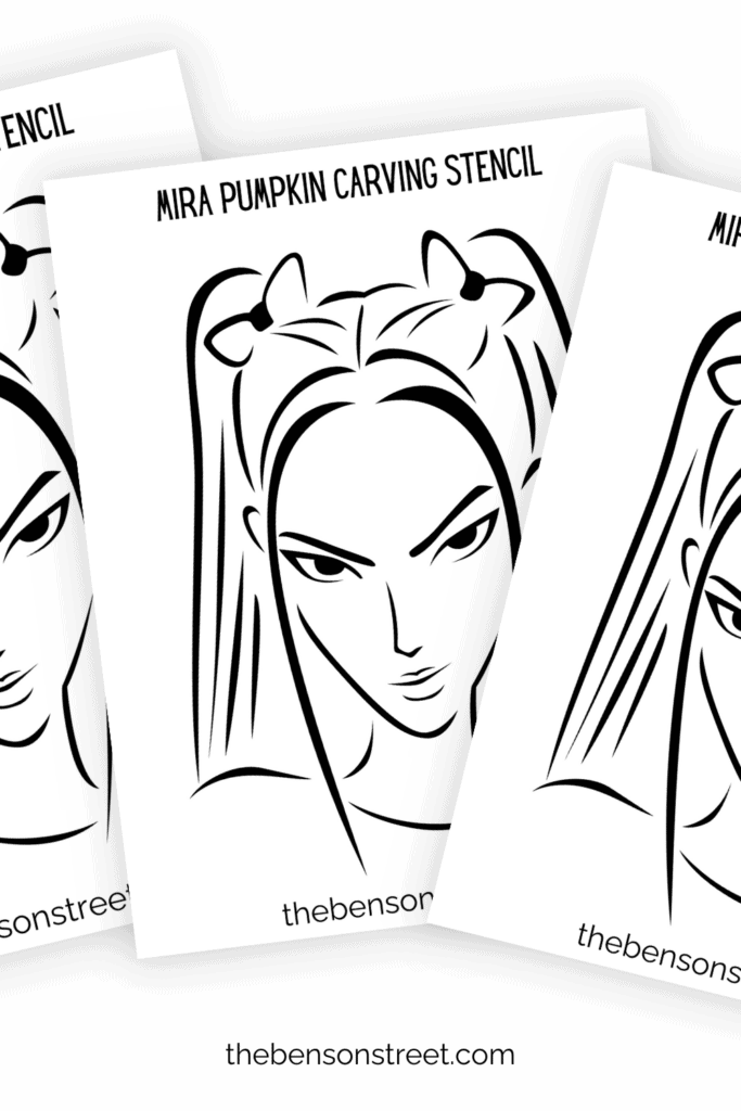 Three sheets of a printed out Mira pumpkin carving stencil