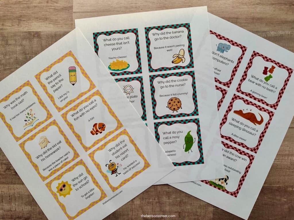 Three sheets of printed out funny lunchbox jokes