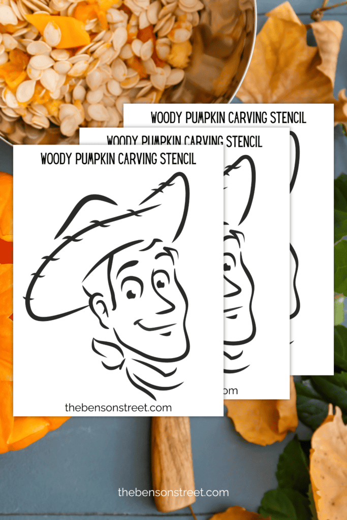 Three sheets of toy story pumpkin stencils with pumpkin seeds in background 