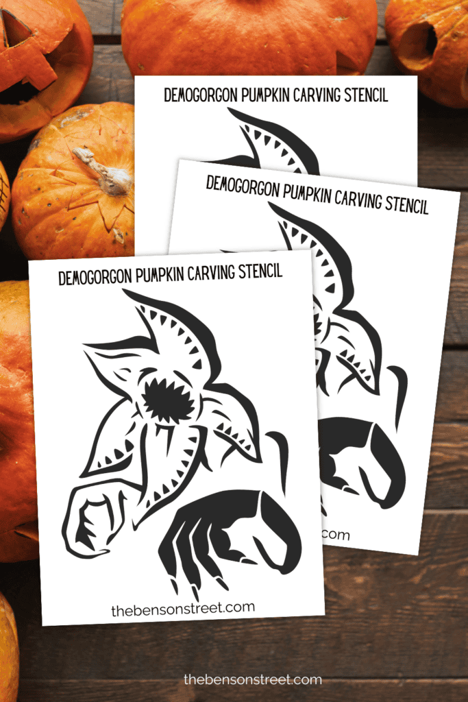 Three sheets with black and white outlines for carving on them feautring Stranger Things Demogorgons