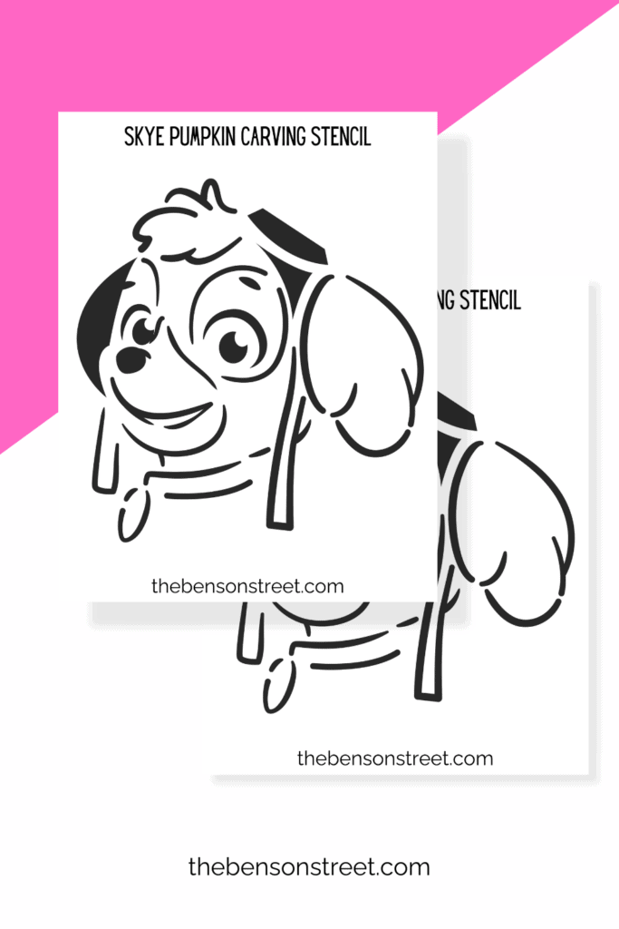 Two sheets of a printed out pumpkin carving stencil for Skye from Paw Patrol 