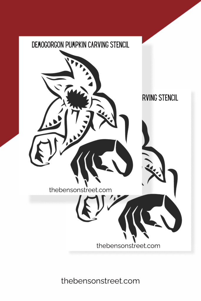 Two sheets of printable stencils featuring a demogorgon monster for carving