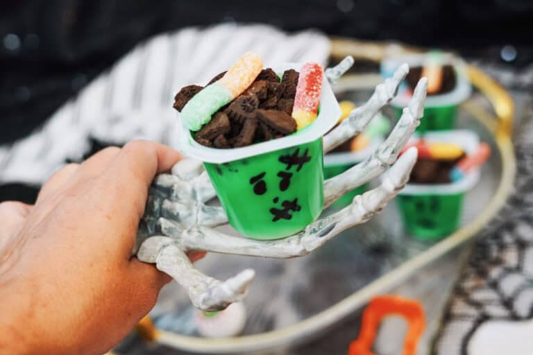 Up close shot of a frankenstein pudding cup