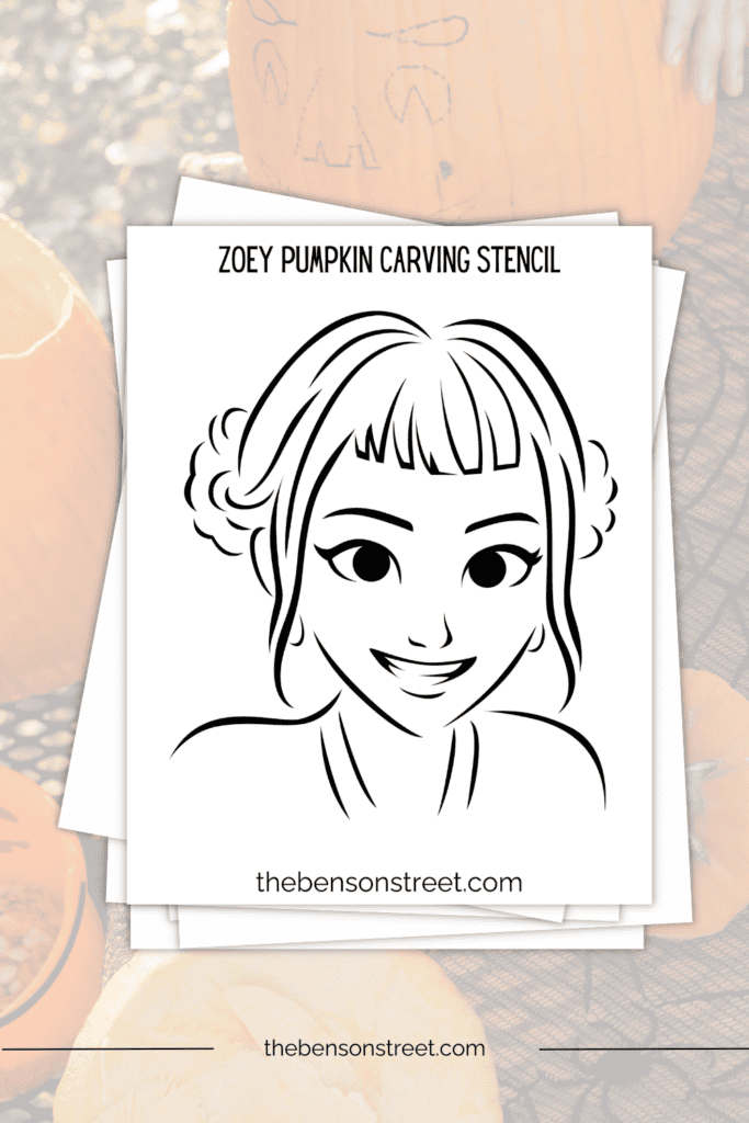 Zoey Stencil for easy pumpkin carving on a stack of papers
