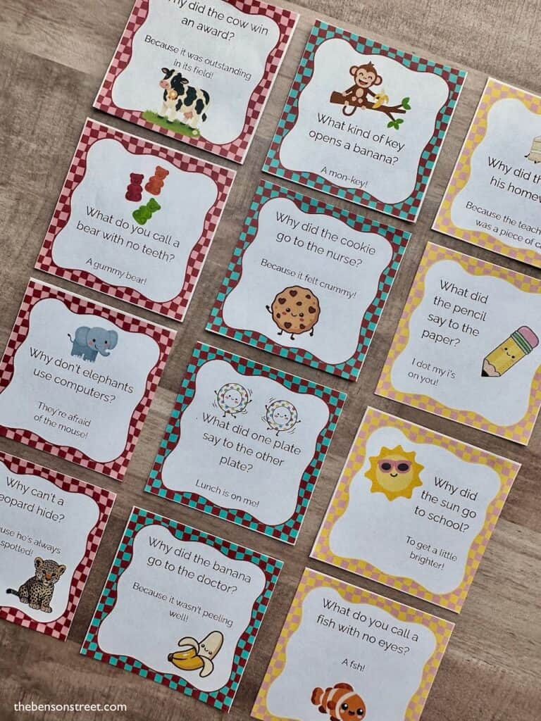 grid of different funny themed lunch box notes for little kids